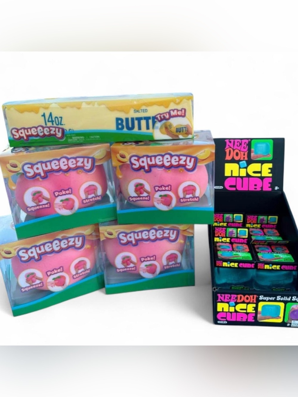 Needoh Nice Cube and Sunny Days Jumbo Squeeezy squishy fidget toy bundle
